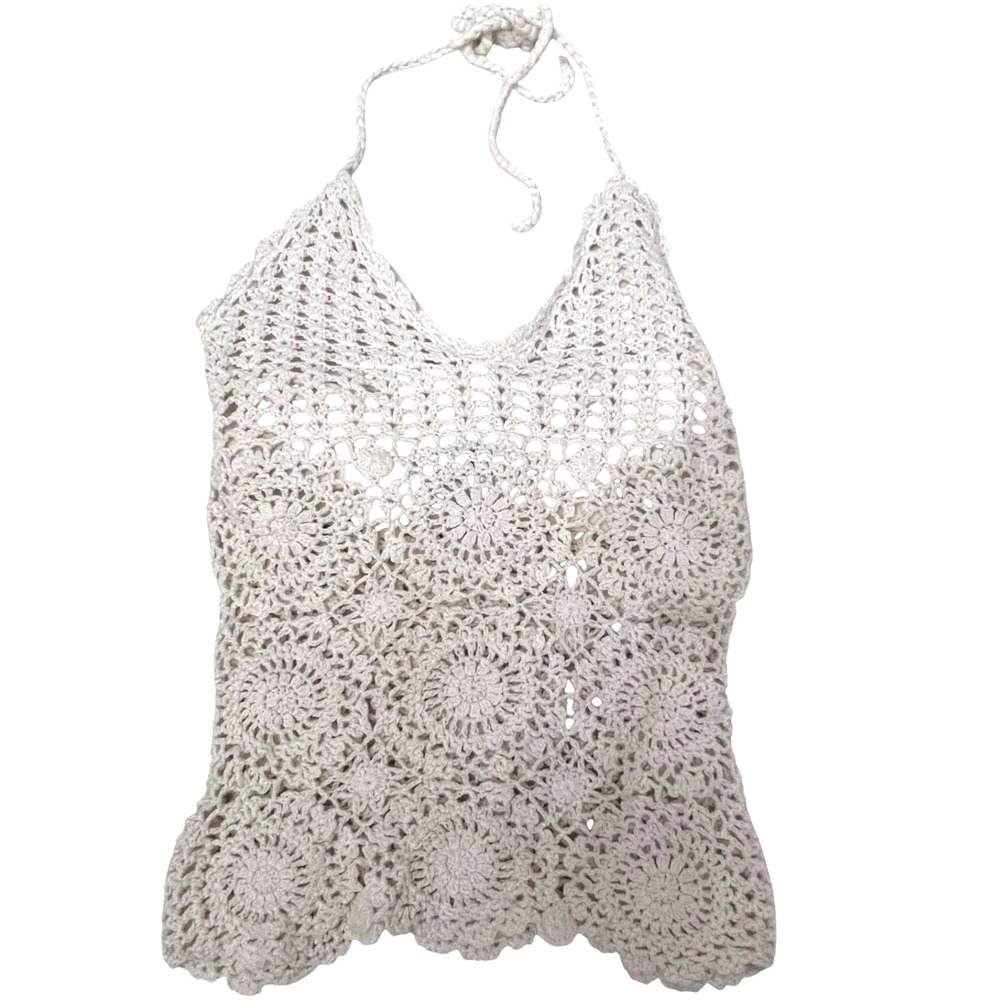 Moda International Cream Crochet Halter Top Lined Boho Floral Medallion XS Y2K